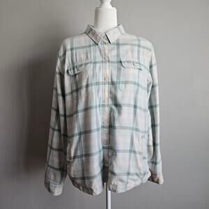 LL Bean Shirt Jacket Mens Large Green Plaid Fleece Lined Shacket Chore Cotton